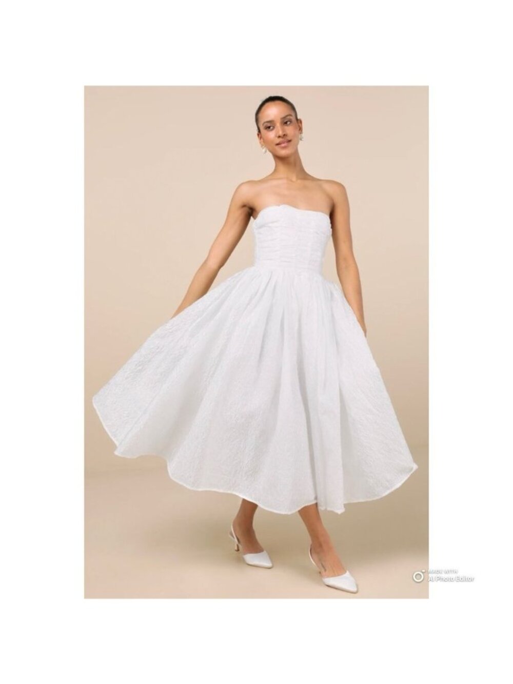 Lulus Analeia Ivory Jacquard Lace-Up Strapless Midi Dress Wedding Princess Small - Picture 2 of 16